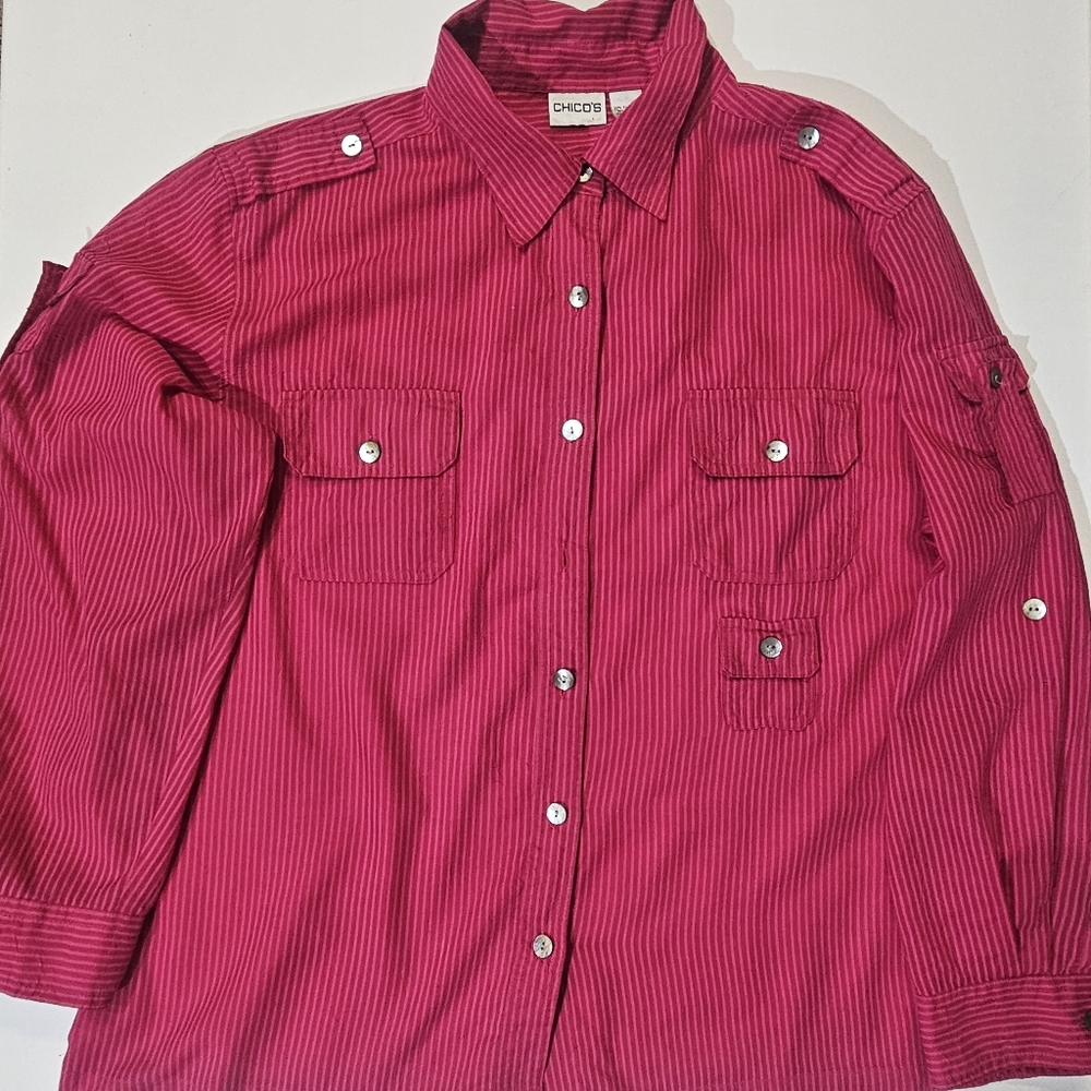 Chicos Top Womens Size XL Pink Striped‎ Button Down Old Money Business Casual